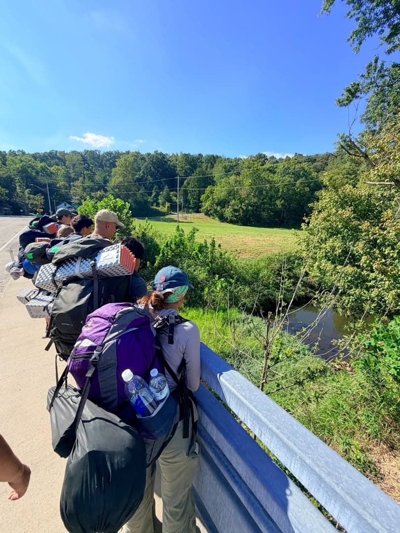 Hikers looking out over a valley from a bridge