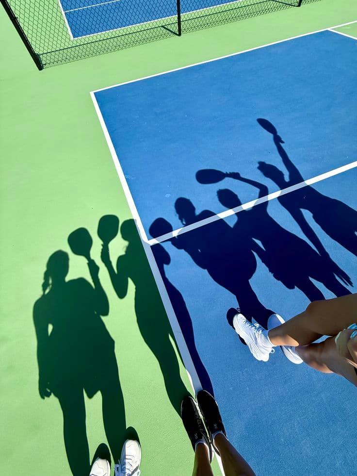 Shadows of friends holding pickleball paddles